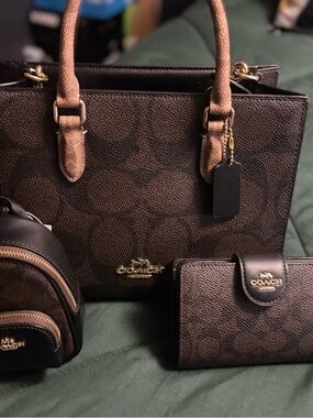 Coach Brown Signature Tote with Tan Handles and Gold Hardware